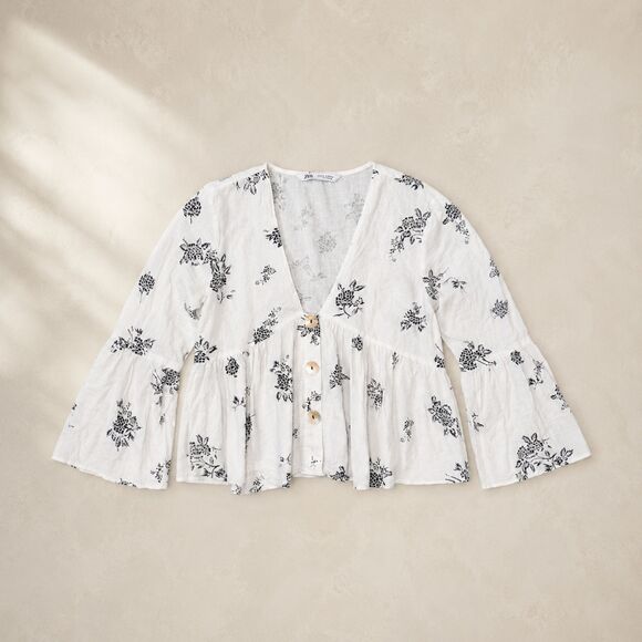 Zara Tops - Zara White Black Floral Peplum Blouse Bell Sleeve Button Front Top Womens M